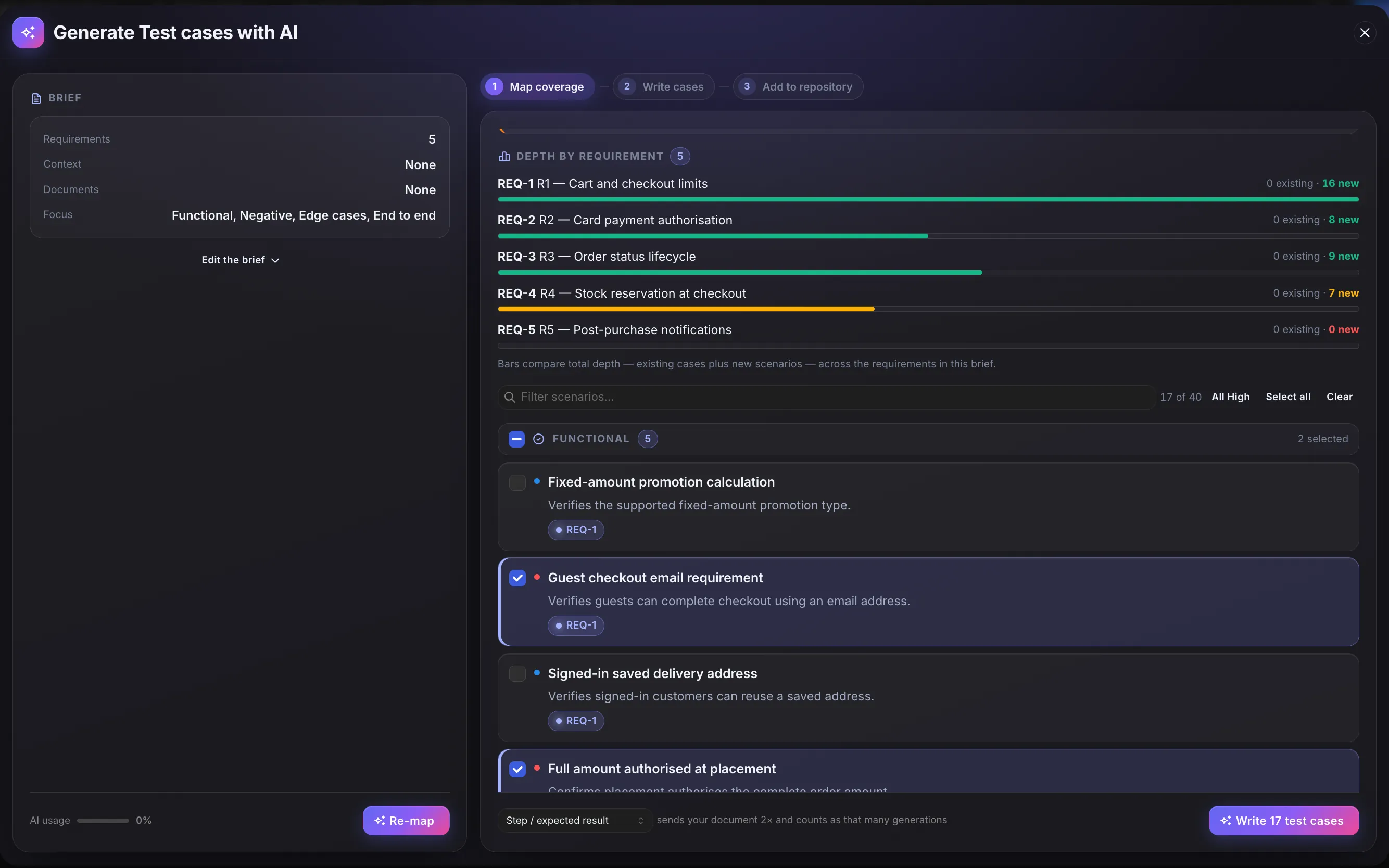 Hawzu AI test case generation — the coverage map stage