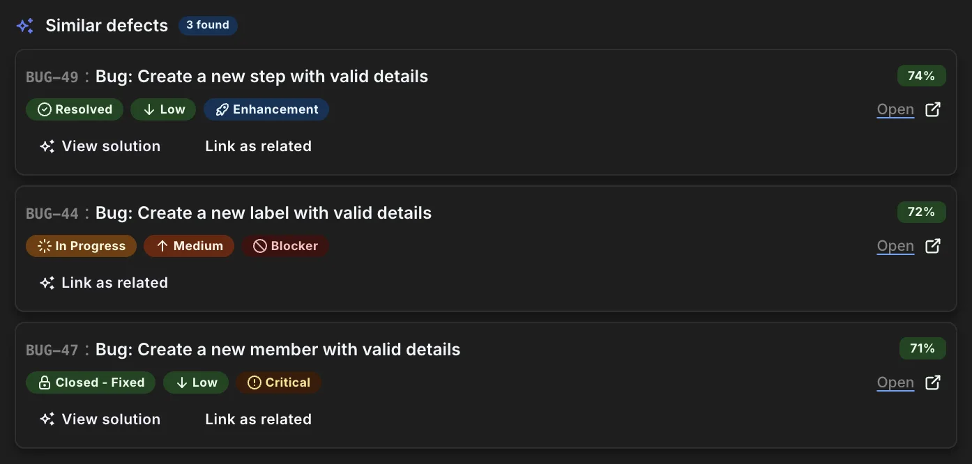 Duplicate detection — Similar defects surfaced as you file, each with a match score — close as duplicate or link as related.