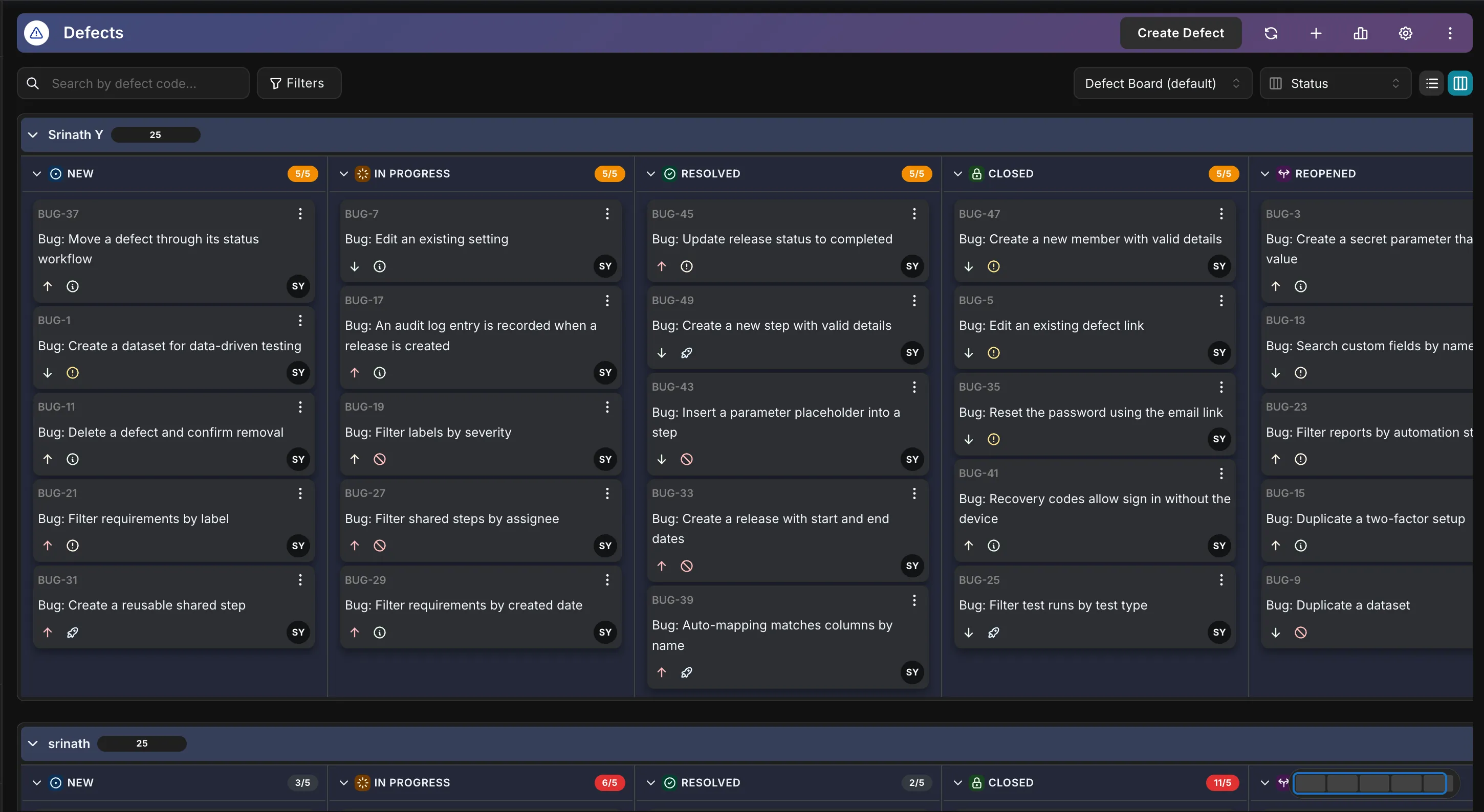 Hawzu's defect board — a Kanban board of defects grouped into columns, with swimlanes and WIP limits