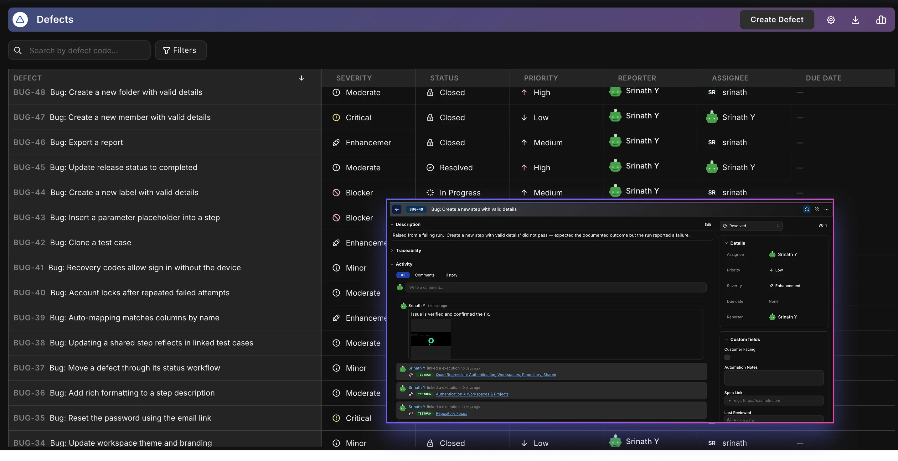 Hawzu's native defect tracker — a defect table with priority, severity, status, assignee, and traceability