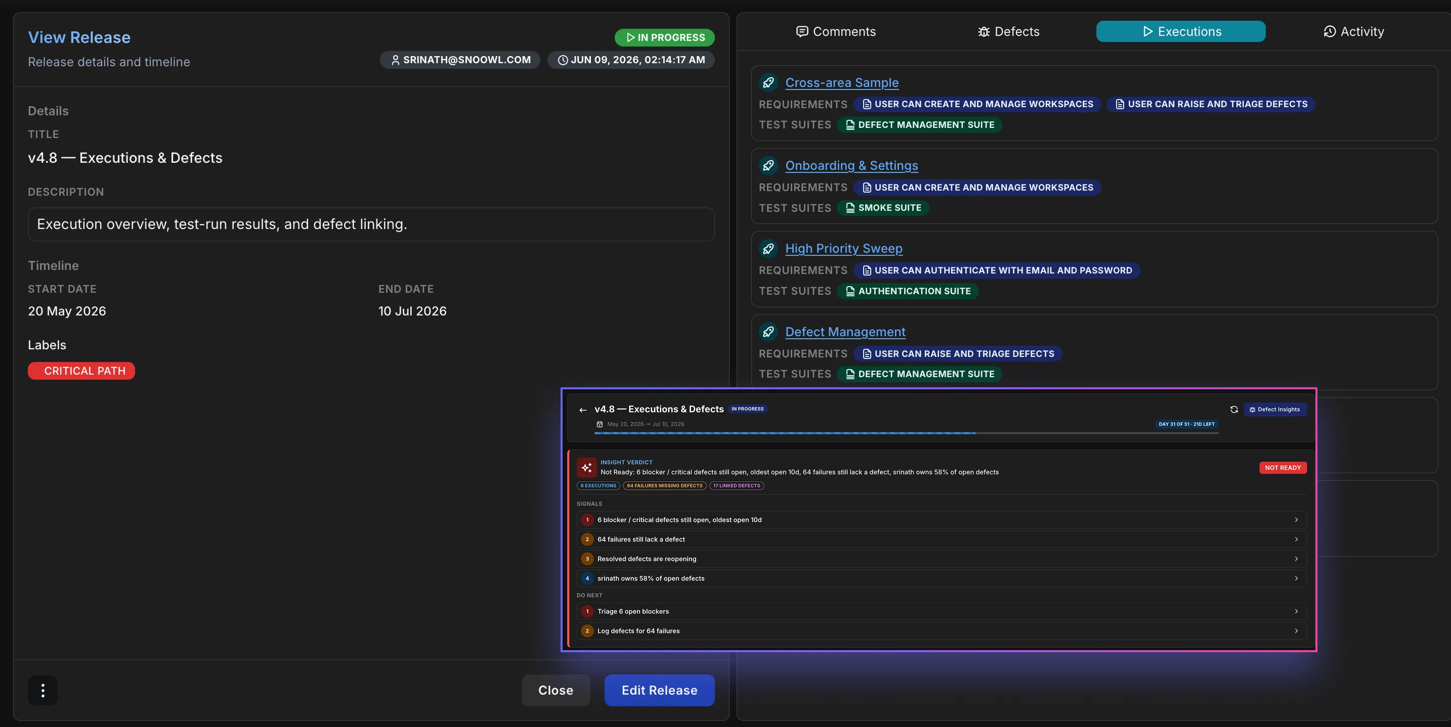 Releases — Every release and its executions at a glance — progress, defects, and ownership in one view.