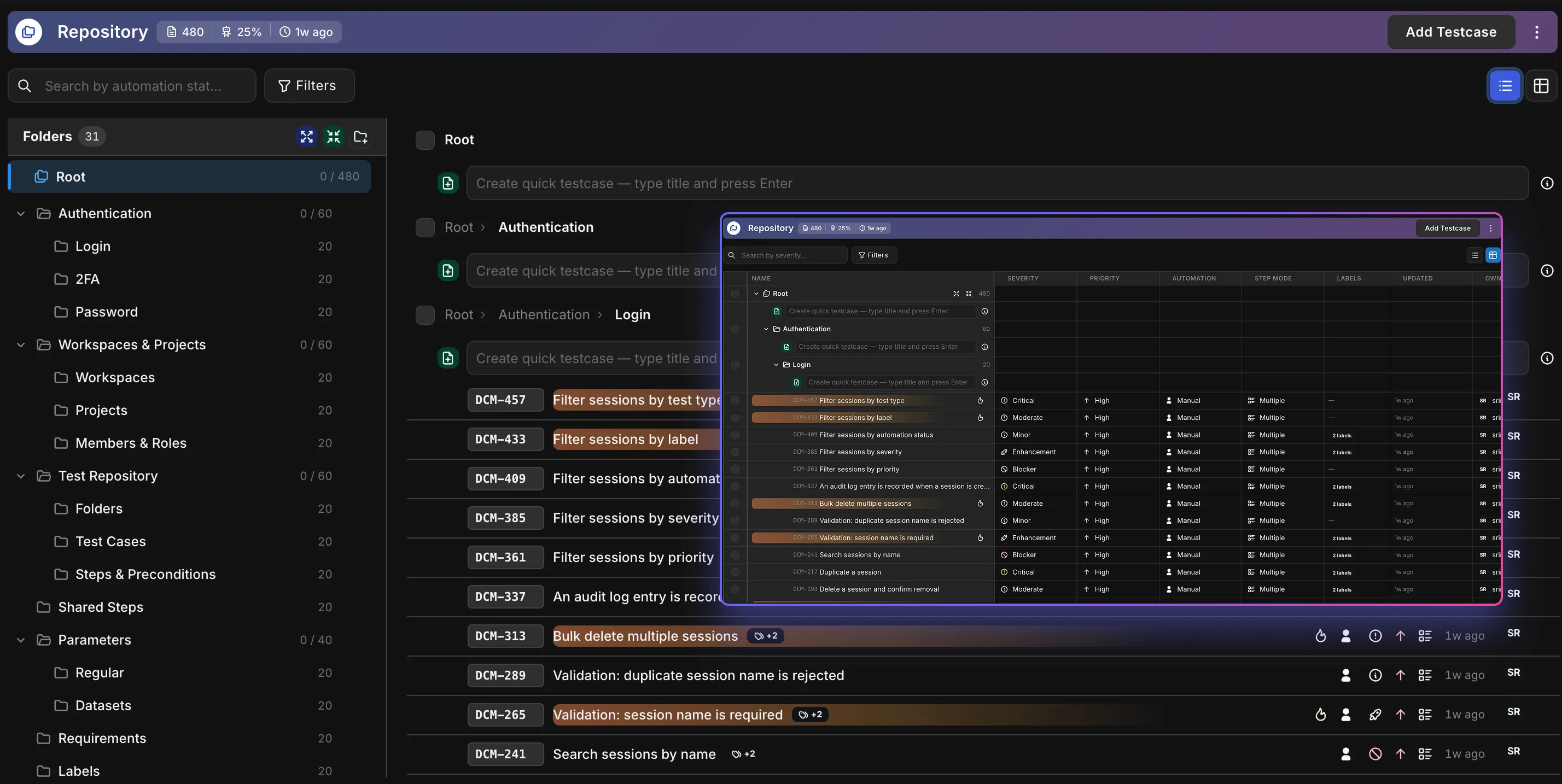 Hawzu test case repository — a nested folder tree of test cases with priorities, types, labels, and custom fields