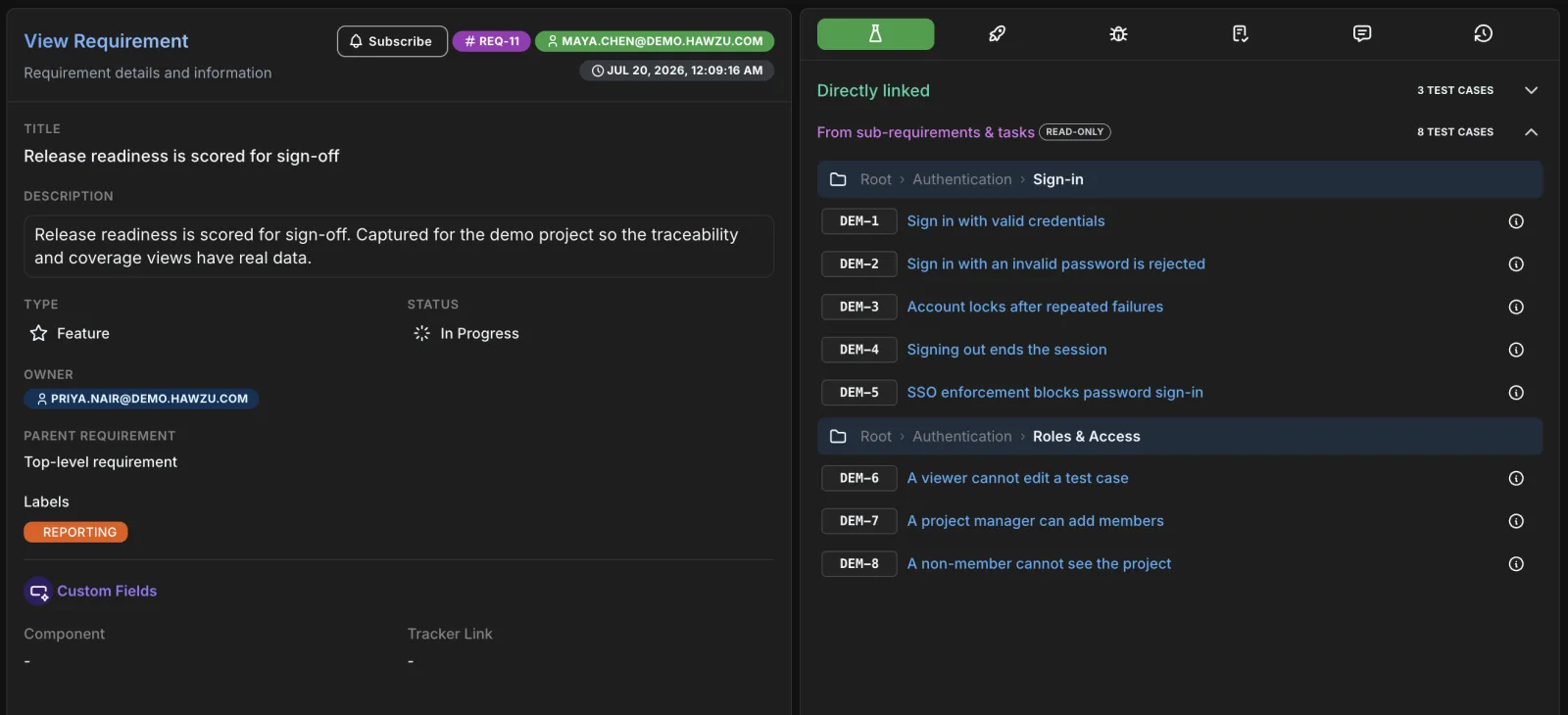 Requirement detail — One requirement, everything about it — description, custom fields, and its tests, releases, defects, sub-items, comments, and history.