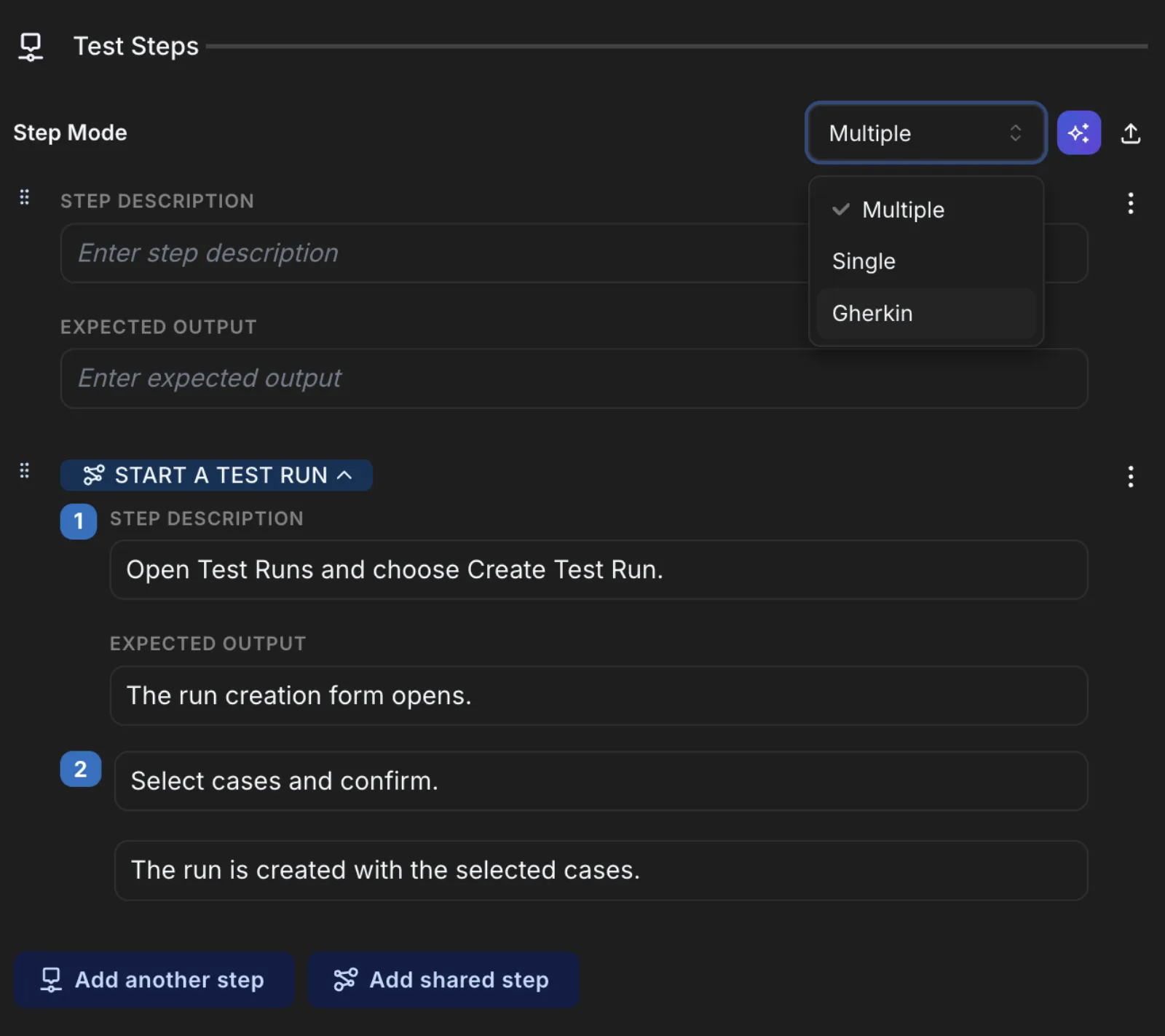 The test case editor — Structured step + expected-result rows, rich text and preconditions — with a Gherkin mode for when you want BDD.