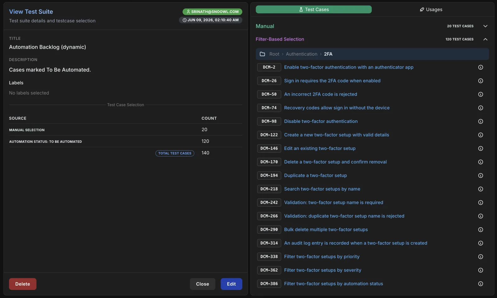 Dynamic & hybrid suites — Pick cases by hand, by filter, or both. Dynamic suites re-populate themselves as the repository changes.